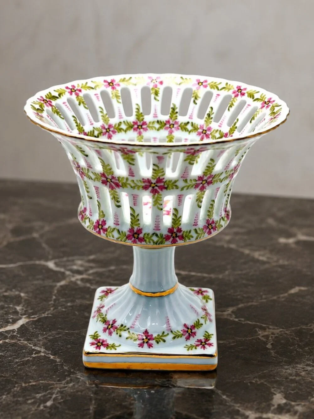 Royal Danube #1886 Pink Flower Porcelain Compote Pedestal Bowl Gold Trim Vintage